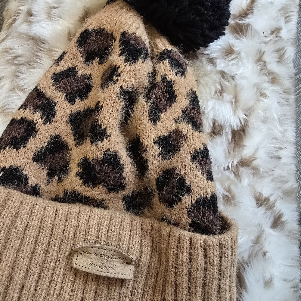 Leopard Print Knit Beanie with Pom Pom